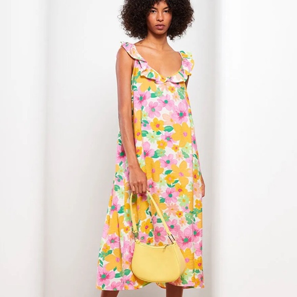 Bright Floral Print Midi Dress Friky Straps Resort Vacation vibes - Picture 1 of 5